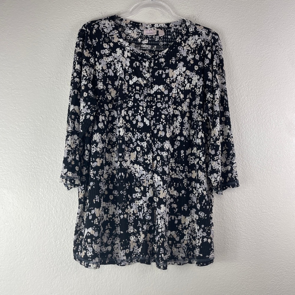 LOGO Layers Top Women XL Floral Button Front 3/4 Sleeve Stretch Textured